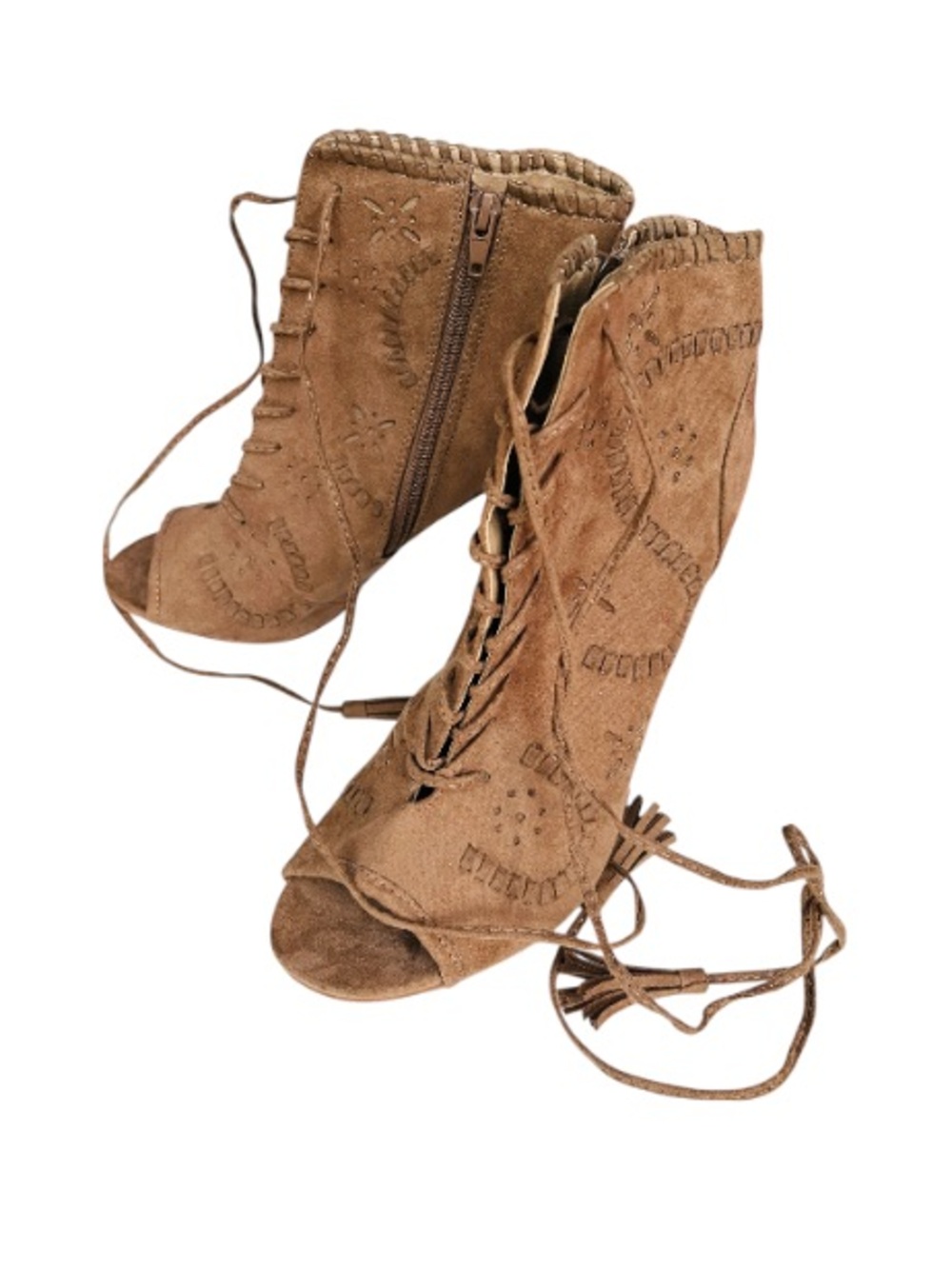 JustFab EUC Taupe Lace-Up Peep-Toe Heeled Booties - Picture 12 of 14